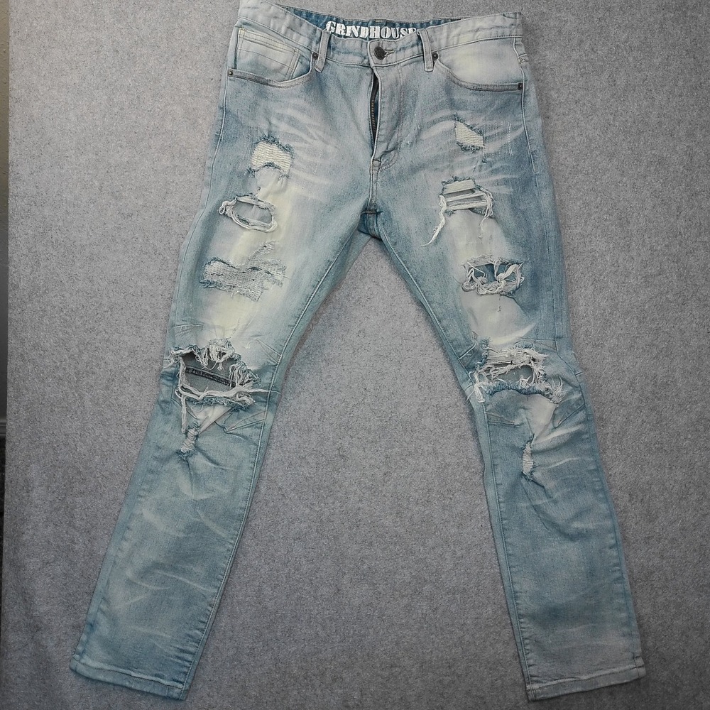 Grindhouse Denim Mens Light Wash Distressed Ripped Slim Fit Jeans Size 36